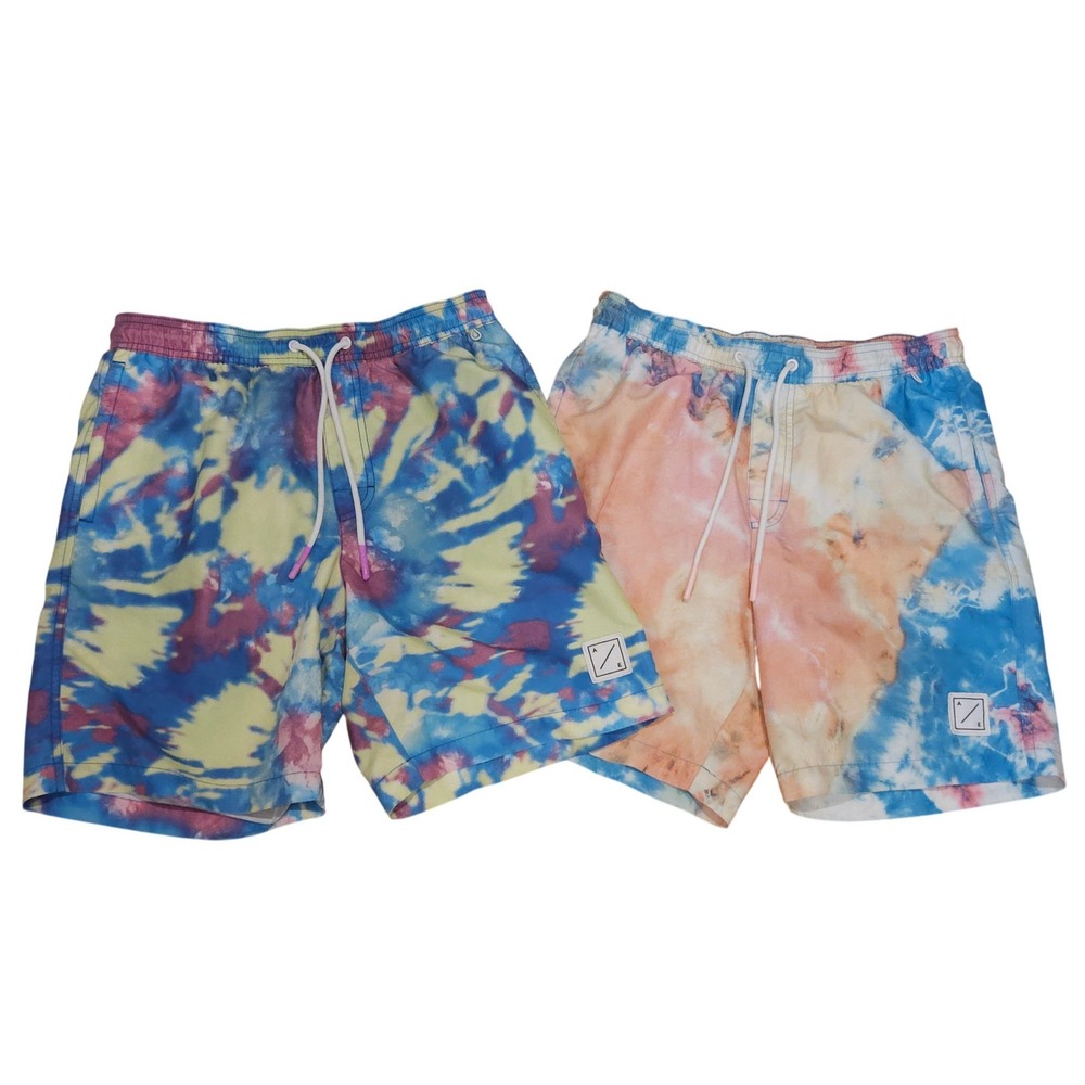 American Eagle Two Pair Men's Tie Dye Swim Trunks S Blue Yellow Pink Orange